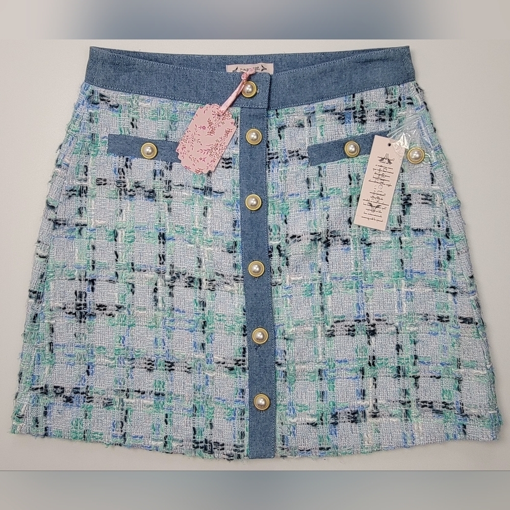 Nanette Lepore Tweed Skirt Women’s Size S Pearl Button Lite Blue Multi Plaid New - Picture 1 of 12